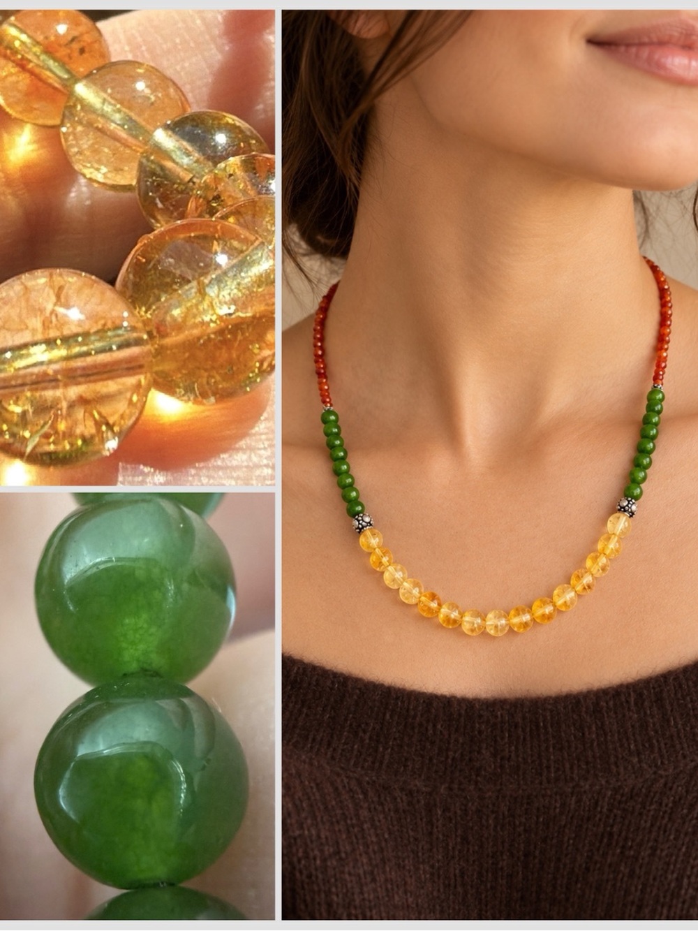 Genuine Citrine, Nephrite Jade, Carnelian, and Sterling Gemstone Necklace